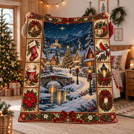 Christmas Fleece Blanket with Snowy Village Scene
