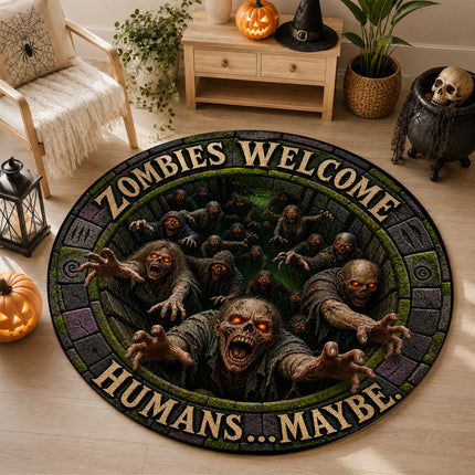 Halloween Round Rug Zombies Welcome Humans Maybe Doormat