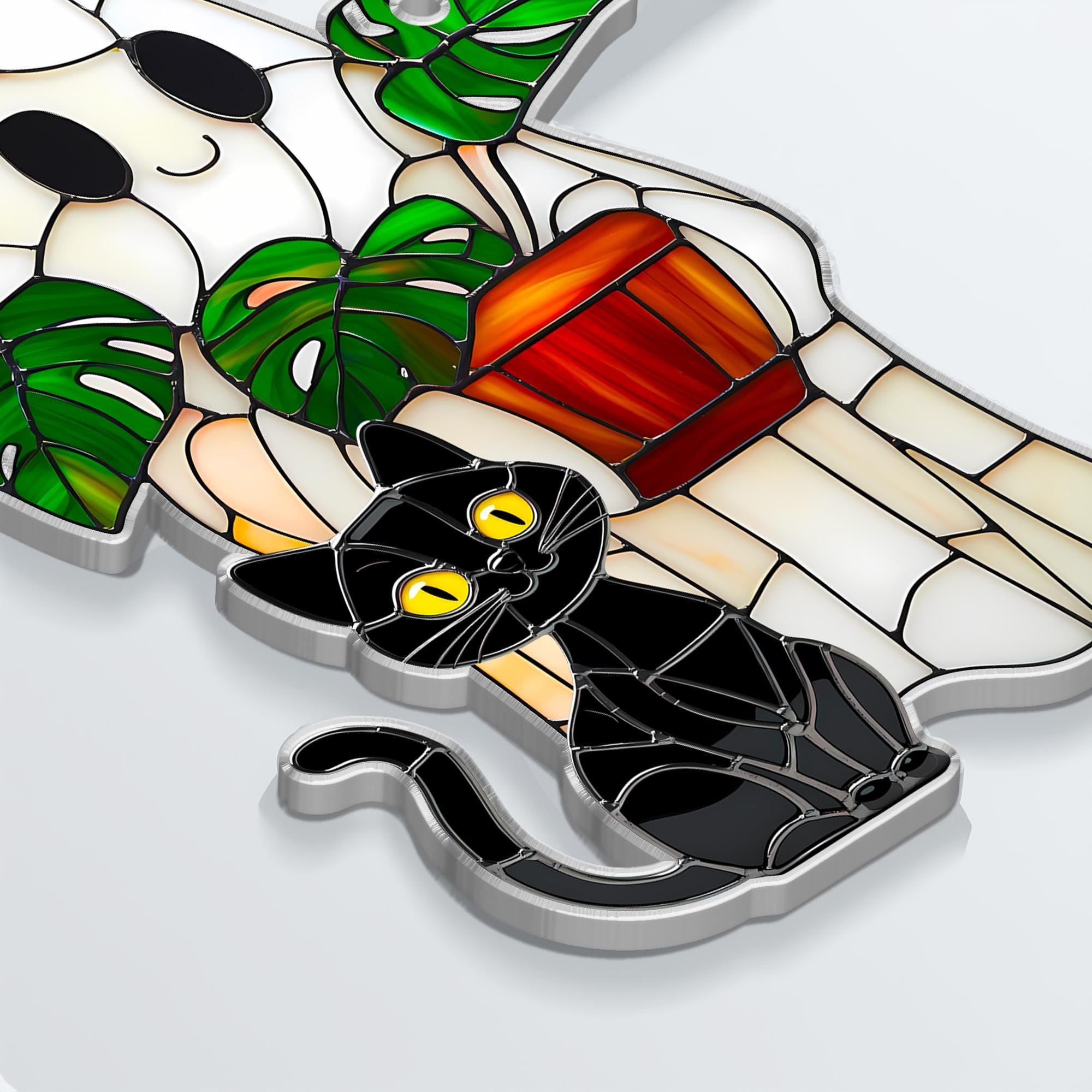 Cute Ghost Plant And Cat ACRYLIC Suncatcher,Ghost Monstra Window Hanging,Hangings Plant Lover Gift,Black Cat Lover,Mom Gift,Halloween Decor