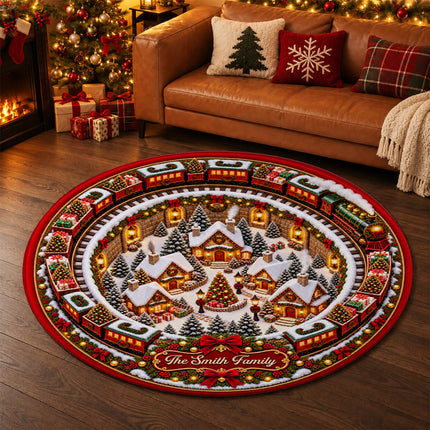 Personalized Christmas Doormat Train Village Family Name Round Rug