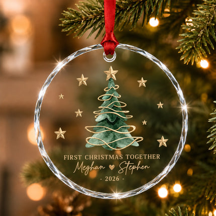 Personalized First Christmas Together Gold Christmas Tree Glass Ornament