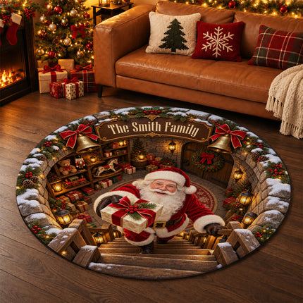Personalized Santa Gift Delivery Christmas Round Doormat Cozy Family Name Rug