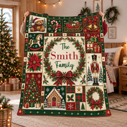 Personalized Family Christmas Fleece Blanket Custom Last Name Holiday Patchwork