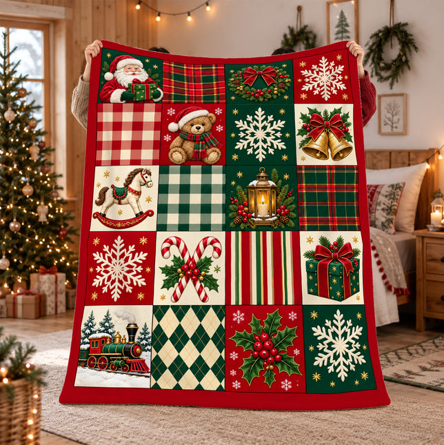 Christmas Patchwork Fleece Blanket Vintage Santa Teddy Bear Plaid Holiday Throw