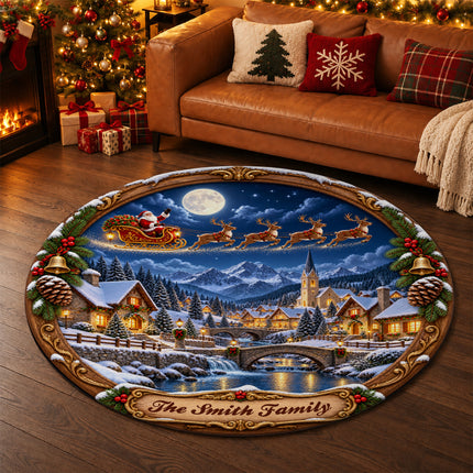 Personalized Christmas Village Round Doormat Santa Sleigh Moonlit Family Name Rug