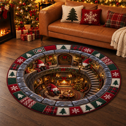 Christmas Round Doormat with Cozy Gnome Fireplace