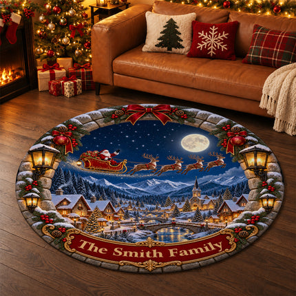 Personalized Santa Sleigh Christmas Round Doormat Snowy Village Family Name Rug