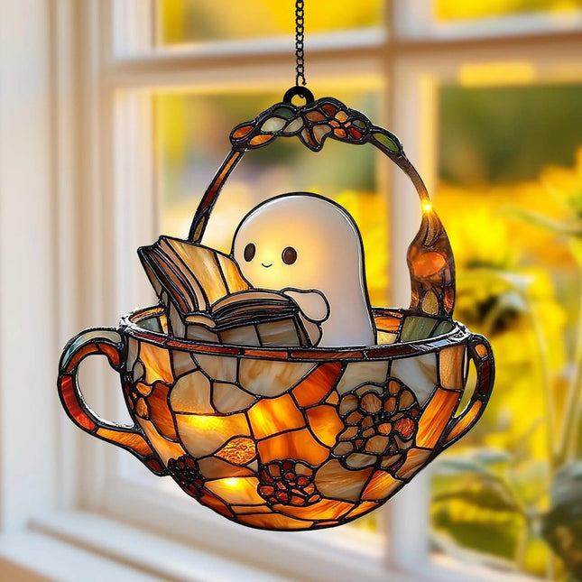 Reading Ghost in Teacup Faux Stained Glass Suncatcher, Acrylic Halloween Window Hanging for Spooky Bathrooms and Book Lovers, Reader Gift - Charming Present