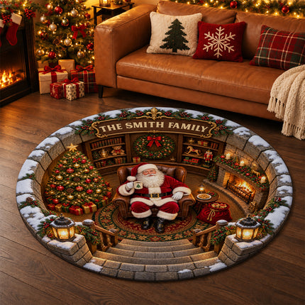 Personalized Santa Christmas Round Doormat Cozy Fireplace Family Name Rug
