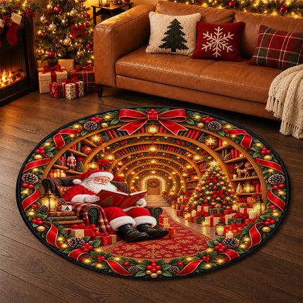 Personalized Christmas Doormat Santa Reading Family Name Round Rug