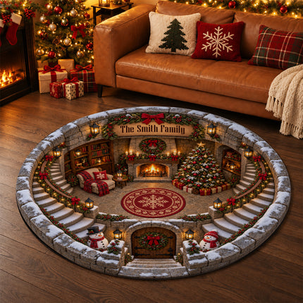 Personalized Christmas Round Doormat Cozy Fireplace Snowman Family Name Rug