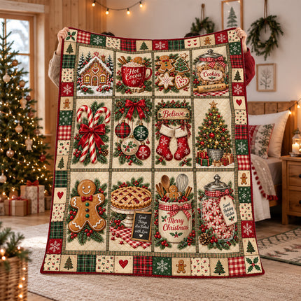 Christmas Gingerbread Patchwork Fleece Blanket Cozy Cocoa and Cookies