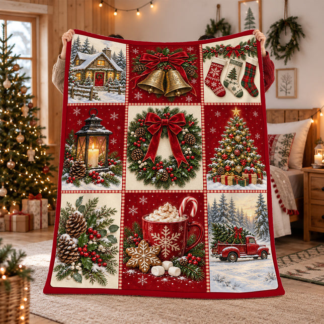 Christmas Patchwork Fleece Blanket Cozy Vintage Holiday Decor