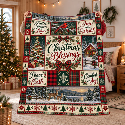 Christmas Blessings Fleece Blanket Faith Hope Love Holiday Patchwork
