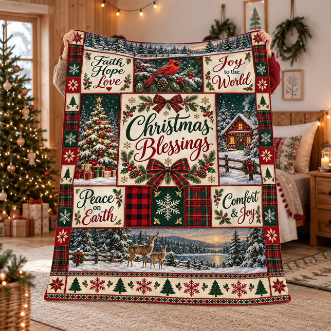 Christmas Blessings Fleece Blanket Faith Hope Love Holiday Patchwork