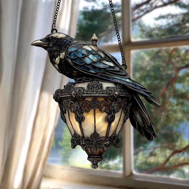 Raven Gothic on Lantern 2D Acrylic Suncatcher – Faux Stained Glass Halloween Crow on Lamp, Halloween Decor for Dark Academia Home - Charming Present