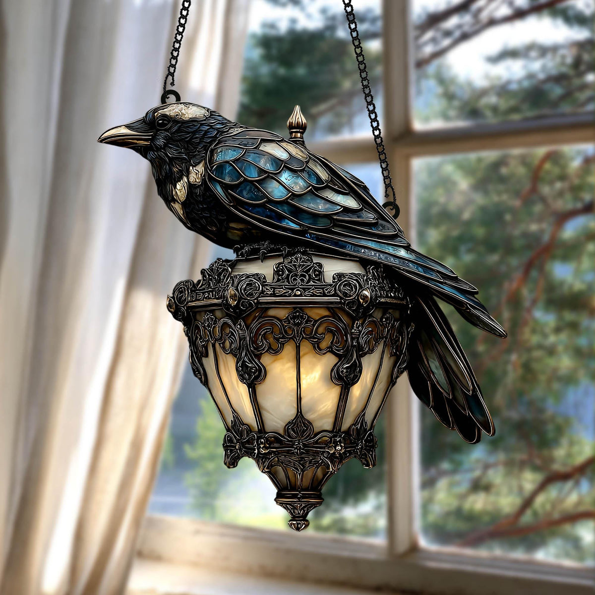 Raven Gothic on Lantern 2D Acrylic Suncatcher – Faux Stained Glass Halloween Crow on Lamp, Halloween Decor for Dark Academia Home