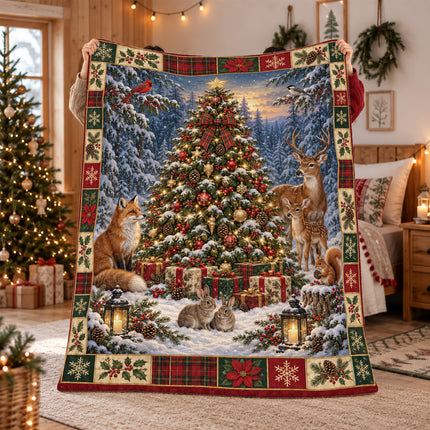 Woodland Christmas Fleece Blanket Winter Forest Wildlife