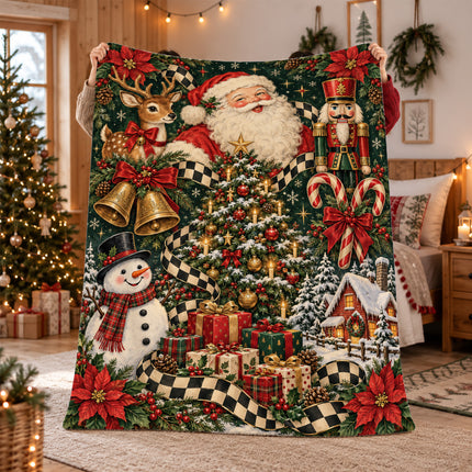 Vintage Santa Christmas Fleece Blanket Nutcracker Reindeer Snowman