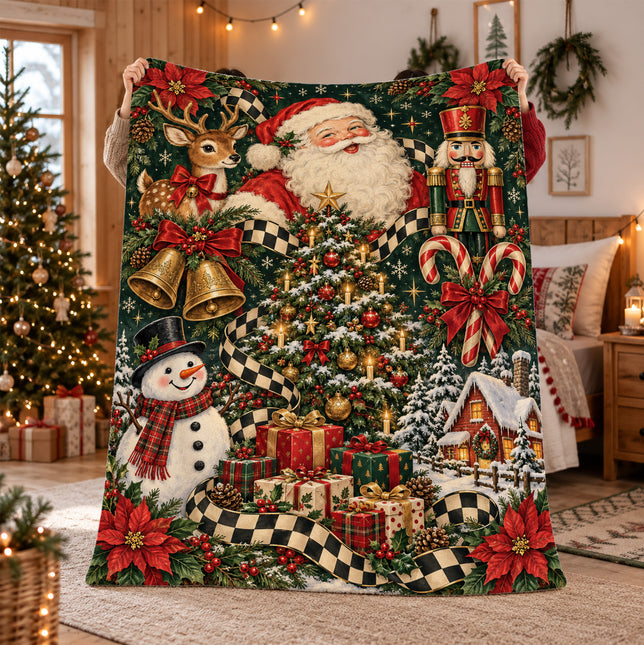 Vintage Santa Christmas Fleece Blanket Nutcracker Reindeer Snowman