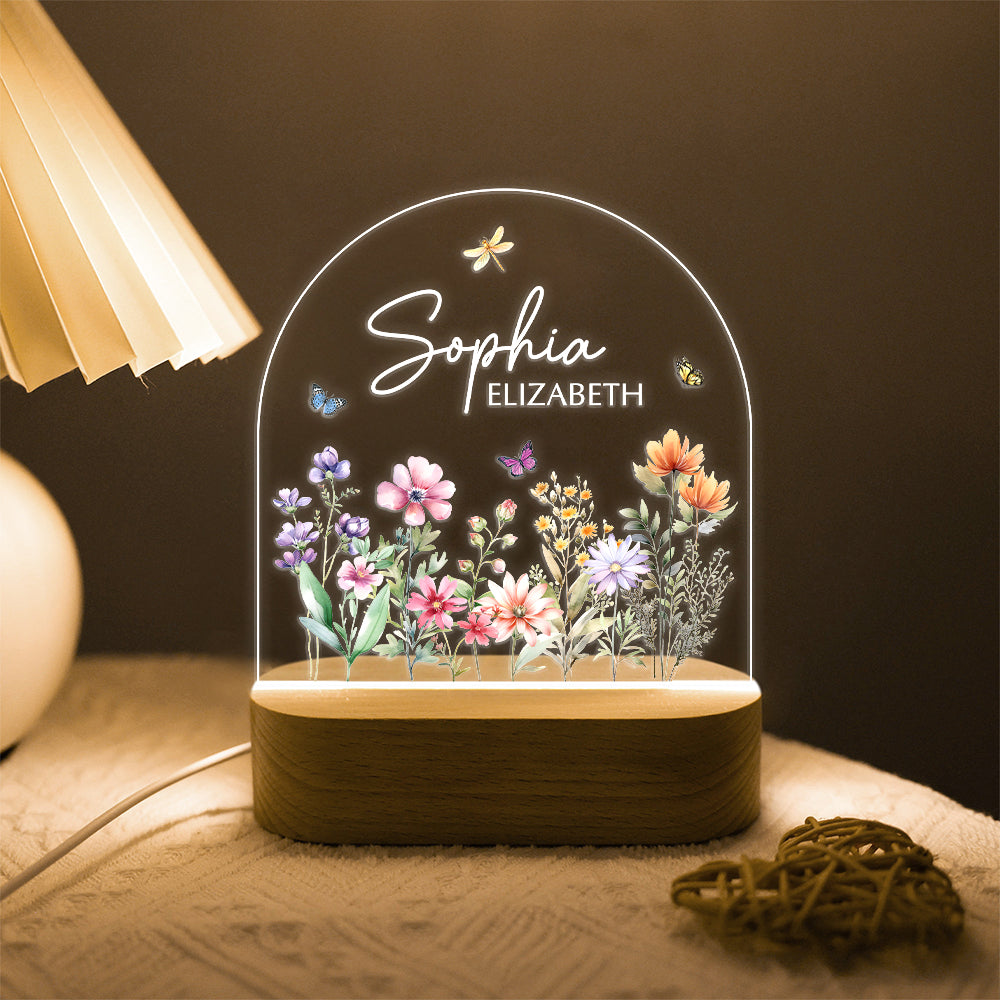 Custom Floral Butterfly Name Acrylic Night Light, Birthday Gift for Her