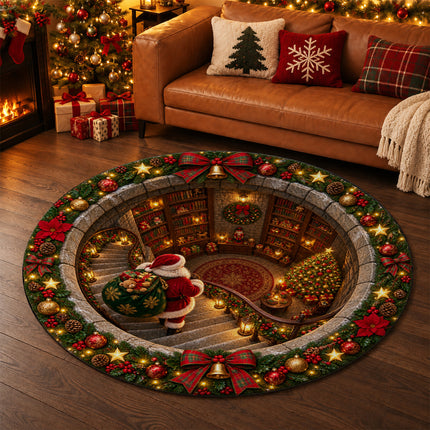 Christmas Round Doormat with Santa Library Scene