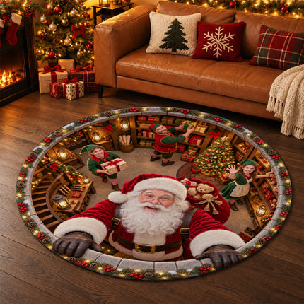 Santa's Workshop Christmas Round Rug North Pole Elves Doormat