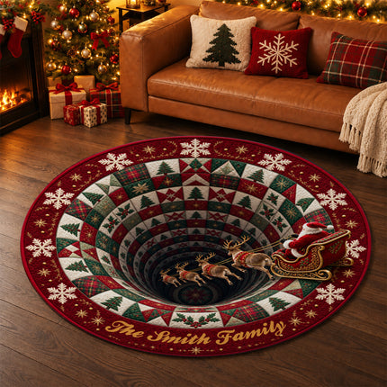 Personalized Christmas Santa Sleigh Doormat Holiday Quilt Round Rug