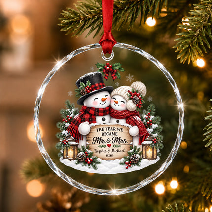 Personalized Newlywed Snowman First Christmas Glass Ornament