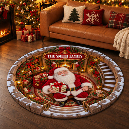 Personalized Santa Christmas Round Doormat Cozy Fireplace Family Name Rug