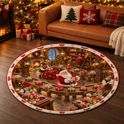 Christmas Gift Wrapping Round Rug Santa Workshop Doormat