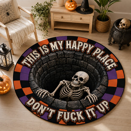 Halloween Round Rug Skeleton Happy Place Funny Doormat