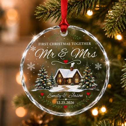 Personalized First Christmas Together Snowy Cabin Couple Glass Ornament