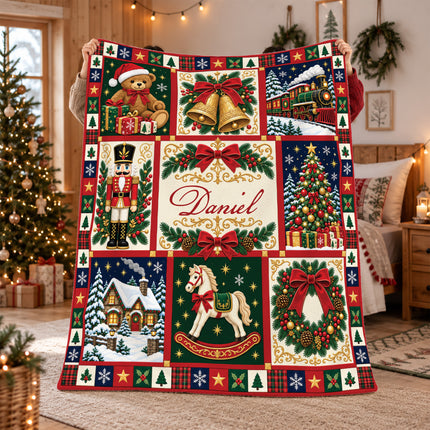 Personalized Christmas Fleece Blanket Nutcracker Holiday Patchwork