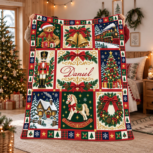 Personalized Christmas Fleece Blanket Nutcracker Holiday Patchwork
