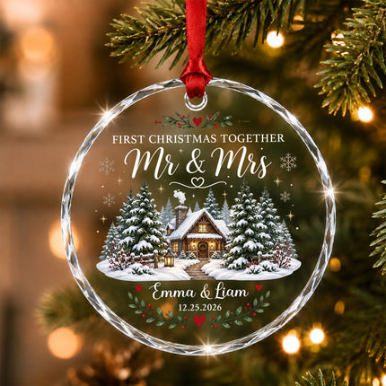 Personalized First Christmas Together Snowy Cabin Couple Glass Ornament