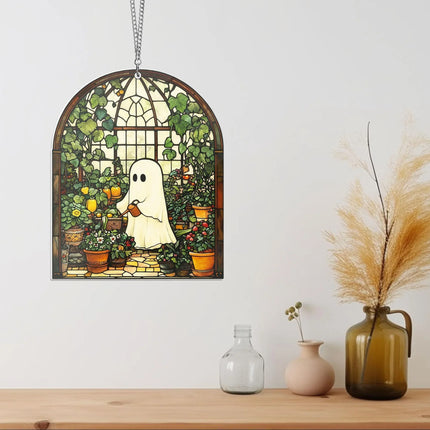 Cute Ghost Greenhouse Suncatcher Ornament, Halloween Ghost Acrylic Window Hangings, Plant Lovers Gift, Halloween Home Decor, Gift For Mom - Charming Present