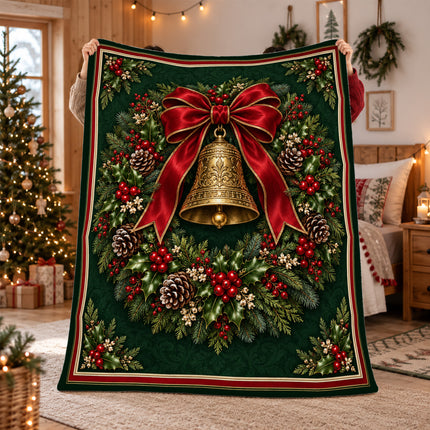 Christmas Fleece Blanket with Vintage Bell Wreath