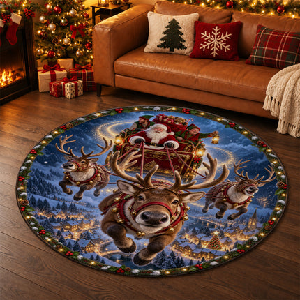 Santa Reindeer Christmas Round Rug Flying Sleigh Holiday Doormat