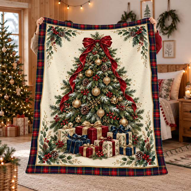 Christmas Fleece Blanket with Elegant Tartan Tree