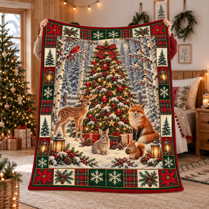 Woodland Christmas Fleece Blanket Forest Animals Deer Fox Rabbit Snowy Tree Holiday Throw
