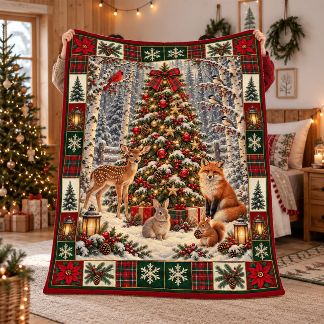 Woodland Christmas Fleece Blanket Forest Animals Deer Fox Rabbit Snowy Tree Holiday Throw