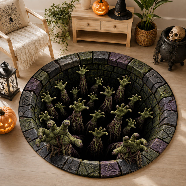Halloween Round Rug Zombie Hands Haunted Well Doormat