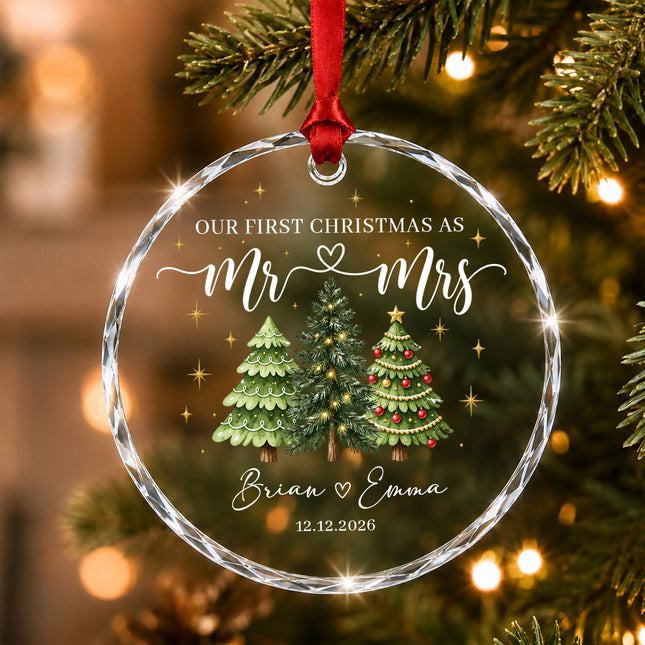 Personalized First Christmas Together Three Festive Trees Couple Glass Ornament