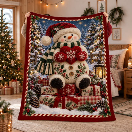 Christmas Fleece Blanket with Cozy Snowman Heart