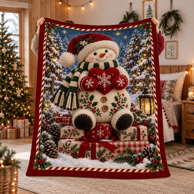 Christmas Fleece Blanket with Cozy Snowman Heart