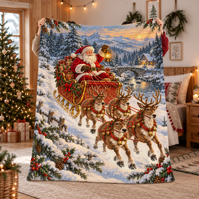 Santa Sleigh Christmas Fleece Blanket Reindeer Winter Wonderland