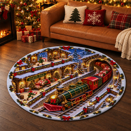 North Pole Christmas Train Round Rug Holiday Gift Express Doormat