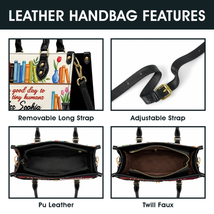 Personalized Teacher Leather Handbag Bookshelf Plants Tiny Humans