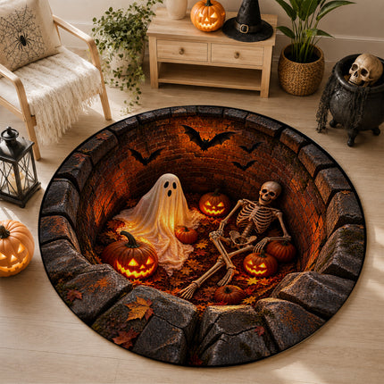 Halloween Round Rug Ghost Skeleton Pumpkin Pit Doormat